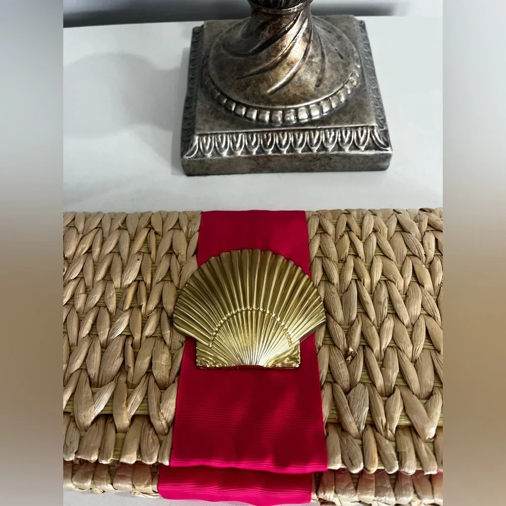 Mudpie Woven Beige and Hot Pink Clutch with Gold Shell Accent - Picture 2 of 6